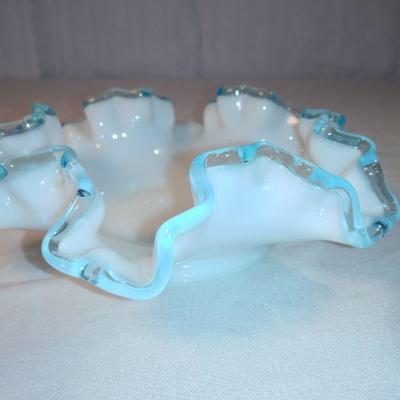 Fenton Silver Crest Style White Milk Glass Blue Ruffled Crimped Rim