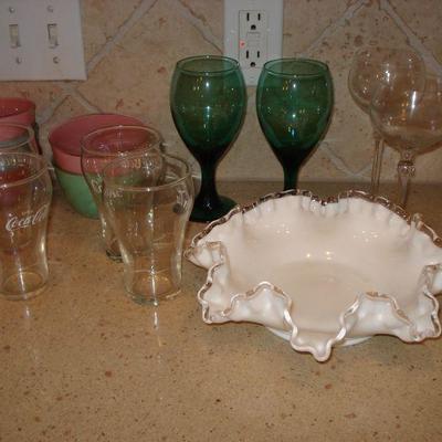 Fenton ruffle bowl, coca-cola glasses, vintage pastel bowls, etc.