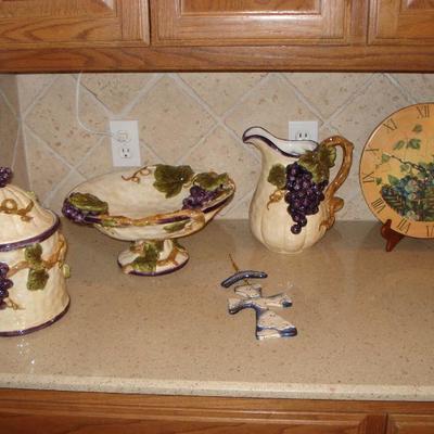 Kitchen decorative cookie jar, bowl and pitcher, clock & cross