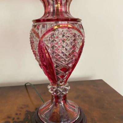 Lot # 59 Pair of Vintage Cranberry Flash Glass Lamps 
