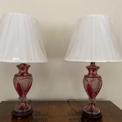 Lot # 59 Pair of Vintage Cranberry Flash Glass Lamps 