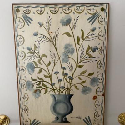 Lot # 63 Folk Art painting on wood with decoupage laundry bin 