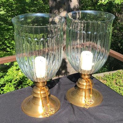 Heavy Brass & Glass Hurricane Lamps - pair