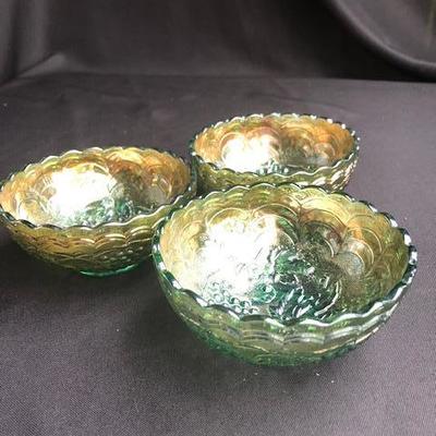 Set of 3 Small Green Carnival Glass Bowls.
