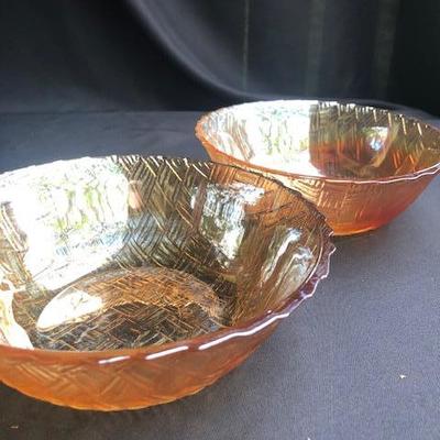 Pair of Carnival Glass Bowls. Basket Design.