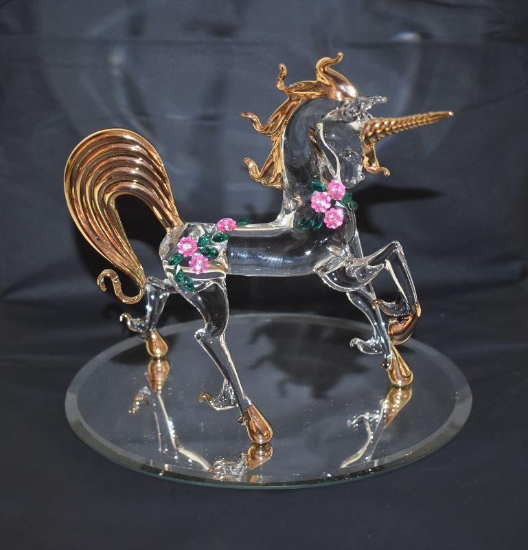 Lot 634, Hand Blown Glass 7" Unicorn Figure, Gold accents, pink flowers