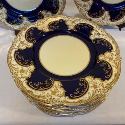Lot #141 Set of 12 Cauldon Cobalt Blue Gold Gilt Dinner plates 