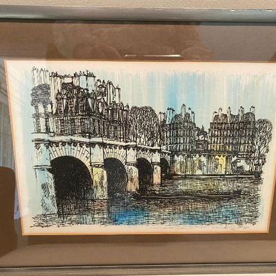 Framed Artwork - Bridge/Water, Pen Sketch (signed)