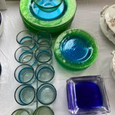Lot # 169 Set of Hand blown Blue Green Glass set 