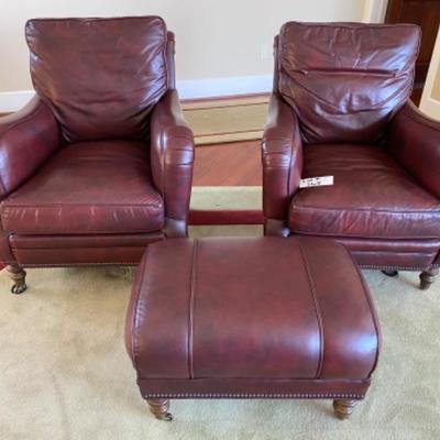 Lot # 167 Pair of Gaines & McHale Leather Arm Chairs w/Ottoman 