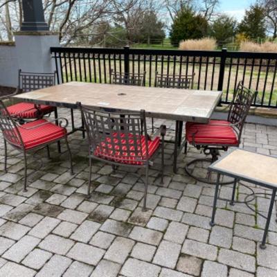 Lot # 205 Large Outdoor Metal and Tile Table with 6 Chairs / Cushions 