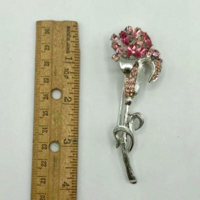 Brooch pin, silver tone, pink flower