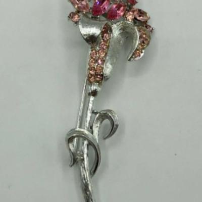 Brooch pin, silver tone, pink flower