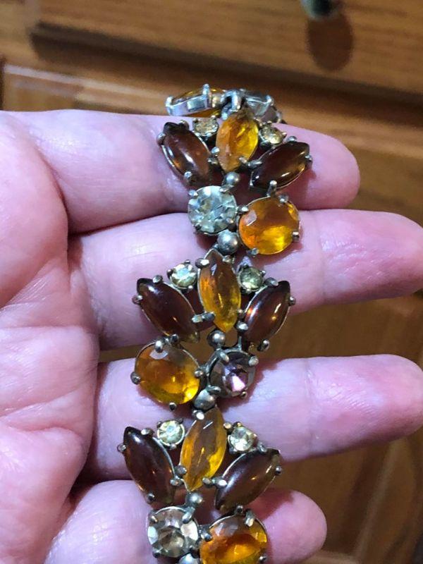 Vintage costume brushed gold rhinestone and topaz bracelet