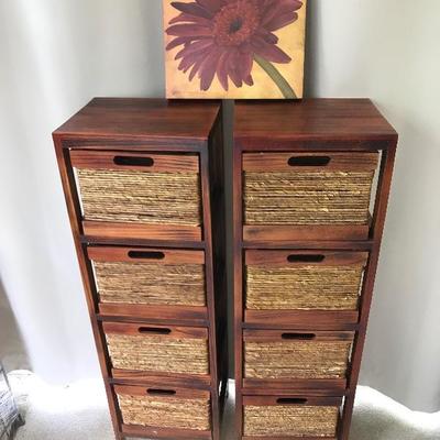 Lot #518 Pair of Rush Basket Stands and Gerber Daisy Print