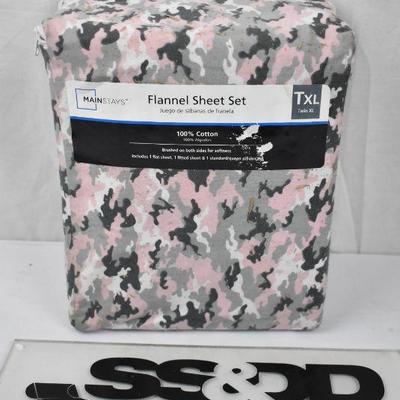 Mainstays Camouflage 155 GSM, 100% Cotton, Flannel Sheet Set, Pink, TwinXL - New