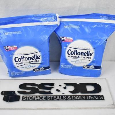 2 packages Cottonelle FreshCare Flushable Wipes, Resealable, 168 Wipes Each- New