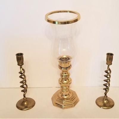 Lot #2  Three piece Lot - Barley Twist Brass Candlesticks and Brass Candle Lamp