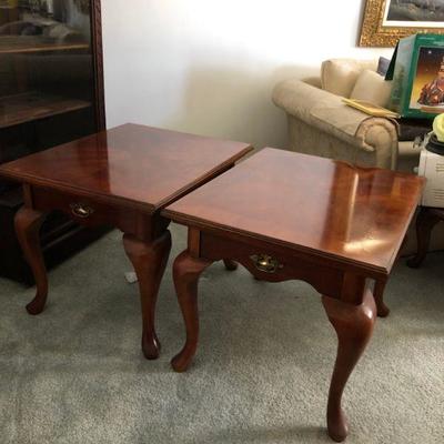 Pair of Traditional Formal Living Room End Tables, with single drawer, Cherry Parquet wood