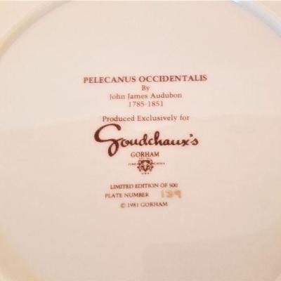 Lot #5  Gorham Collectible Porcelain Plate - limited edition - Goudchaux's 1981  Peliccanus Occidentalis
