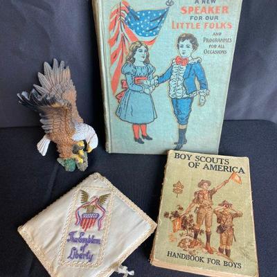 Vintage Youth Americana Lot - patriotic book, Boy Scout Handbook, Eagle figurine, stitched cloth