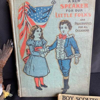 Vintage Youth Americana Lot - patriotic book, Boy Scout Handbook, Eagle figurine, stitched cloth