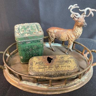 mixed lot - Weist Cough Drops Tin, Rivet & Stud Co. tin, Brass Tray and a buck deer figurine 
