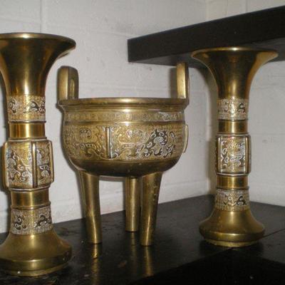 Pair of Vintage Asian Brass Candlesticks and Pot