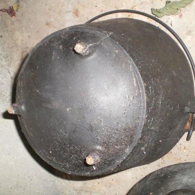 Three Pieces Vintage Cast Iron Covered Pot, Kettle, Pot and Ladle
