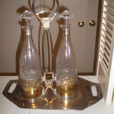 Vintage Silver Plate & Glass Decanters in Holder & Tray
