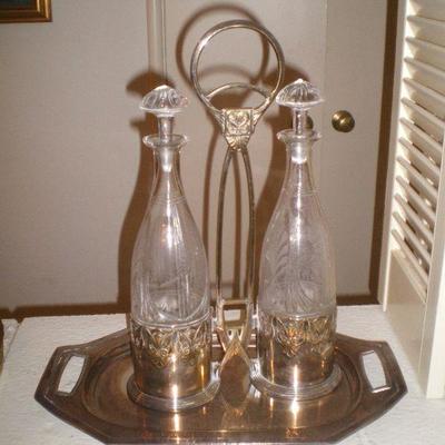 Vintage Silver Plate & Glass Decanters in Holder & Tray