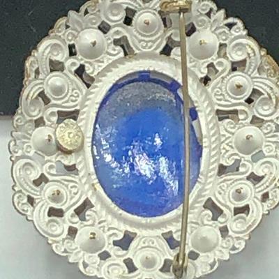 Vintage Costume Brooch pin, white metal, blue stones