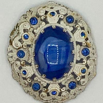 Vintage Costume Brooch pin, white metal, blue stones