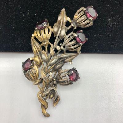 Vintage Brooch Pin, dusty gold with magenta colored stones