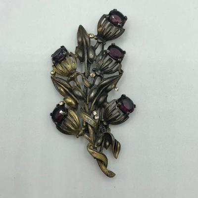 Vintage Brooch Pin, dusty gold with magenta colored stones