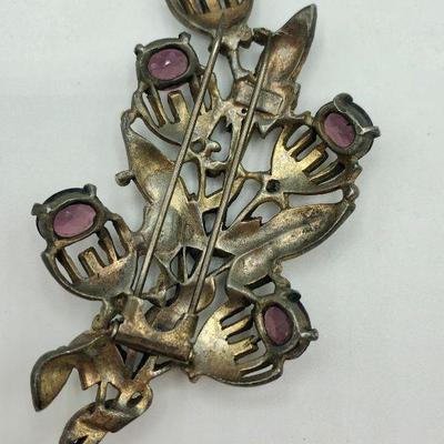 Vintage Brooch Pin, dusty gold with magenta colored stones