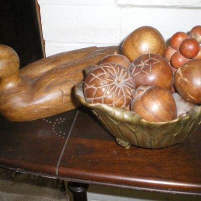 Vintage Carved Wood Duck, Fruit in Brass Bowl