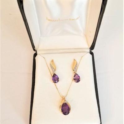 Lot #32  Lovely boxes 14kt Gold set - Amethyst necklace and pierced earrings with diamond accents.