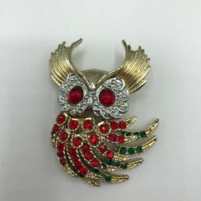 Vintage Brooch pin gold owl with red & green