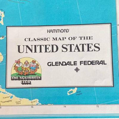 Vintage Hammond Classic Map of the United States Glendale Federal The Squirrel Club