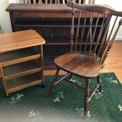 Lot #527 Wooden Bookcase Area Rug Cherry Chair Wooden Rolling Shelf