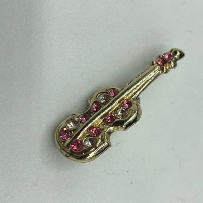 Goldtone Violin with Pink & White Rhinestones Brooch Pin 