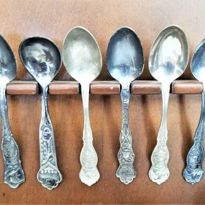 Lot #43  Wooden Spoon Rack with 12 Antique Silverplate Souvenir Spoons