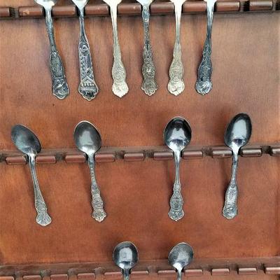 Lot #43  Wooden Spoon Rack with 12 Antique Silverplate Souvenir Spoons