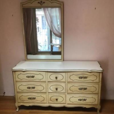B3-107 French provincial nine drawer chest and mirror ready to be painted
