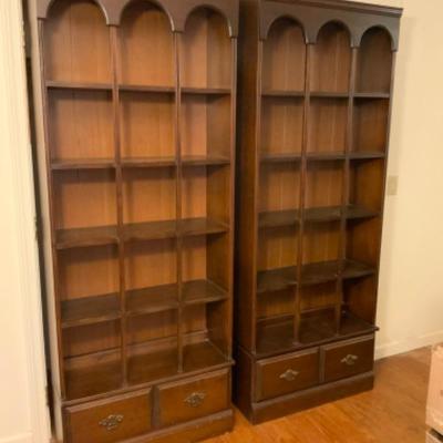 PAIR OF STAINED MAHOGANY ARCHED  BOOK/DISPLAY CASES