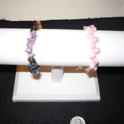 2 Bracelets - Multi-Gemstone and Pink Pearl Bracelet with Sterling Ribbon