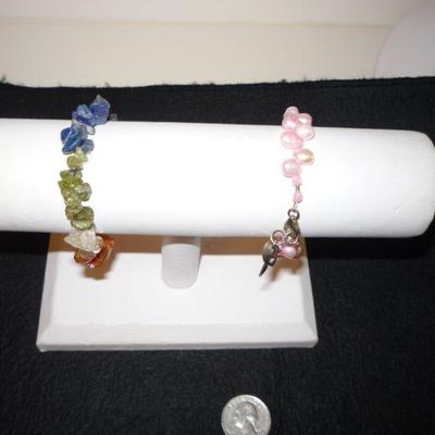2 Bracelets - Multi-Gemstone and Pink Pearl Bracelet with Sterling Ribbon