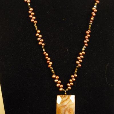2 Piece Genuine Copper Color Pearl and Gemstone Pendant Necklace and Matching Earrings