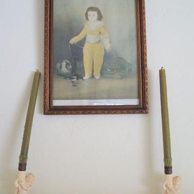 L128 - Framed Art Piece + 2 Candle Stick Holders